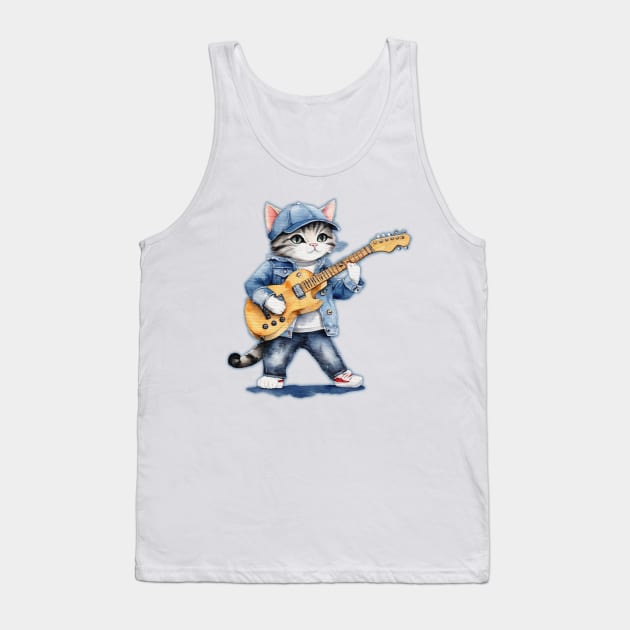 cute street cat wearing a denim blue jacket Tank Top by JnS Merch Store